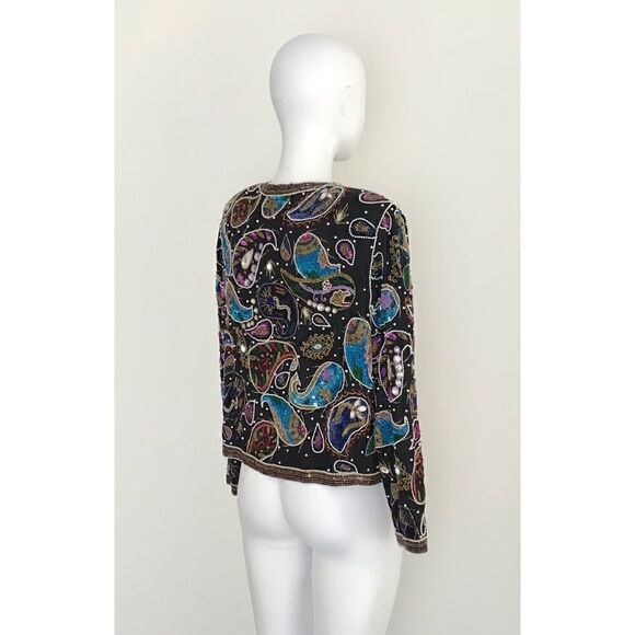 Vintage Frank Usher 70s 80s Black Sequin Beaded Silk Cardigan Jacket - Picture 5 of 13